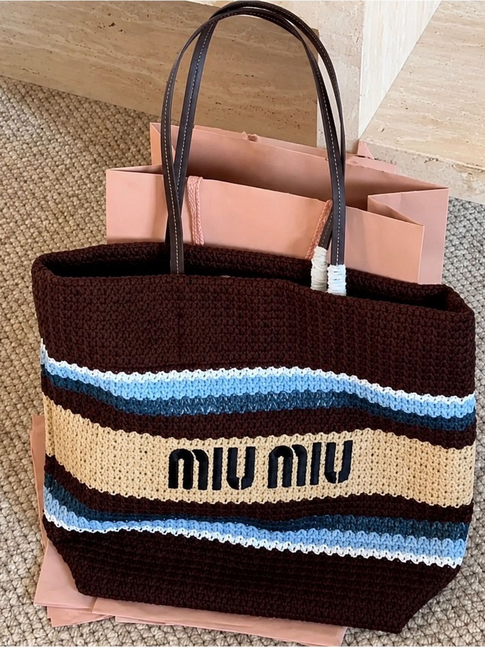 Miu Miu Brown, Blue & Cream Crocheted Stripe Tote